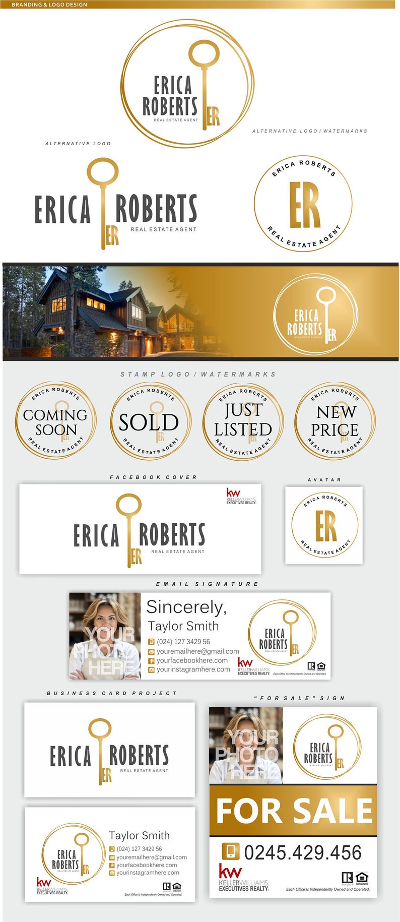 May include: Branding and logo design for a real estate agent named Erica Roberts. The logo features a gold key with a circle around it. The text "Erica Roberts" is in black and the text "Real Estate Agent" is in smaller black text. The logo is used in various applications, including a business card, a Facebook cover, a "For Sale" sign, and a stamp logo.