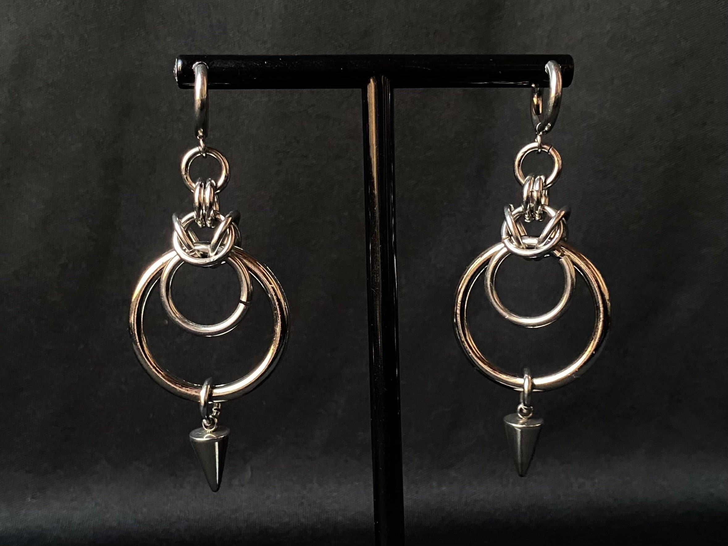 Silver Chainmail O Ring Spikes Stainless Steel Hoop Earrings