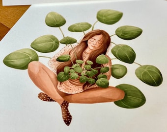Peaceful moments with pilea - plant lover illustration / botanical print / botanical wall decor / house plant print / plant art