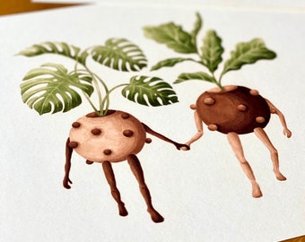 Impresión de ilustración dibujada a mano de Monstera y Ficus
