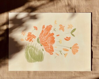 Lámina artística con megáfono de flores de primavera: Niña con pájaros y flores - La voz de la primavera