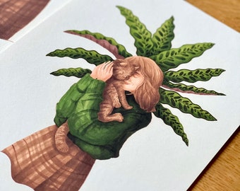 Impresión de Calathea Cat Lover – Ilustración dibujada a mano - Calathea y pequeña bola de pelo