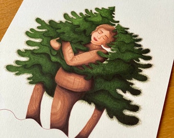 Lámina artística "Abrazador de árboles": Ilustración para amantes de la naturaleza, decoración de pared con bosque - Abrazado por la naturaleza
