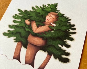 Hugged by nature - nature lover illustration / gift for nature lover / forest wall decor / fir tree art / evergreen tree print