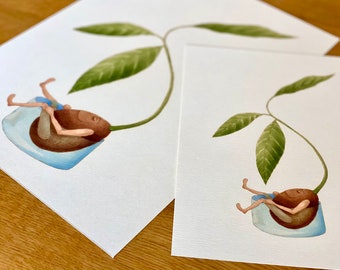 Mr. Avocado and his personal growth - plant lover illustration / avocado print / cute plant wall decor / house plant print / plant art