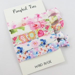 5pce Knotted Hair Ties Flower Pastels Mixed Print