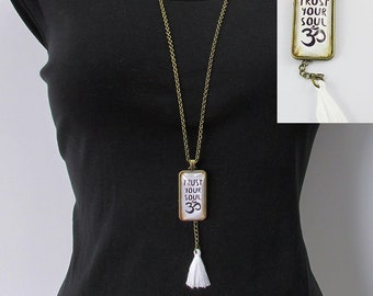 Glass Cabochon Message Aum Ohm Charm Sweater Necklace Tassel Dangle 75cm