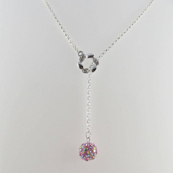 Rhinestone Disco Ball Circlet Charm Pendant Lariat Y Necklace 75cm