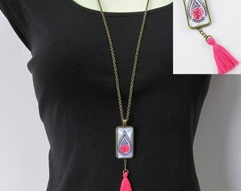 Glass Cabochon Lotus Flower Charm Sweater Necklace with Tassel Dangle 75cm