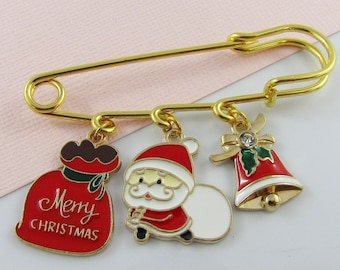 Enamel Alloy Merry Christmas Santa Bell Christmas Kilt Pin Brooch 60mm