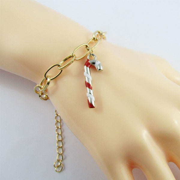 Chain Link Enamel Christmas Candy Cane Charm Bracelet 20cm Great Stocking Filler