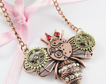 Steampunk Cogs & Gears Queen Bee Charm Pendant Necklace 58cm Copper