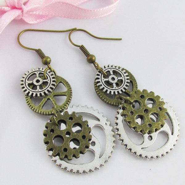 Steampunk Cogs & Gears Charm Hook Earrings 60mm