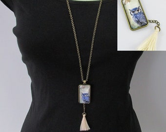 Glass Cabochon Blue Owl Charm Sweater Necklace with Tassel Dangle 75cm