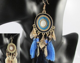 Boho Leaf Tassel Hook Earrings 110mm Blue or Cream