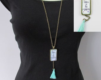 Glass Cabochon Believe the Impossible Charm Sweater Necklace Tassel Dangle 75cm