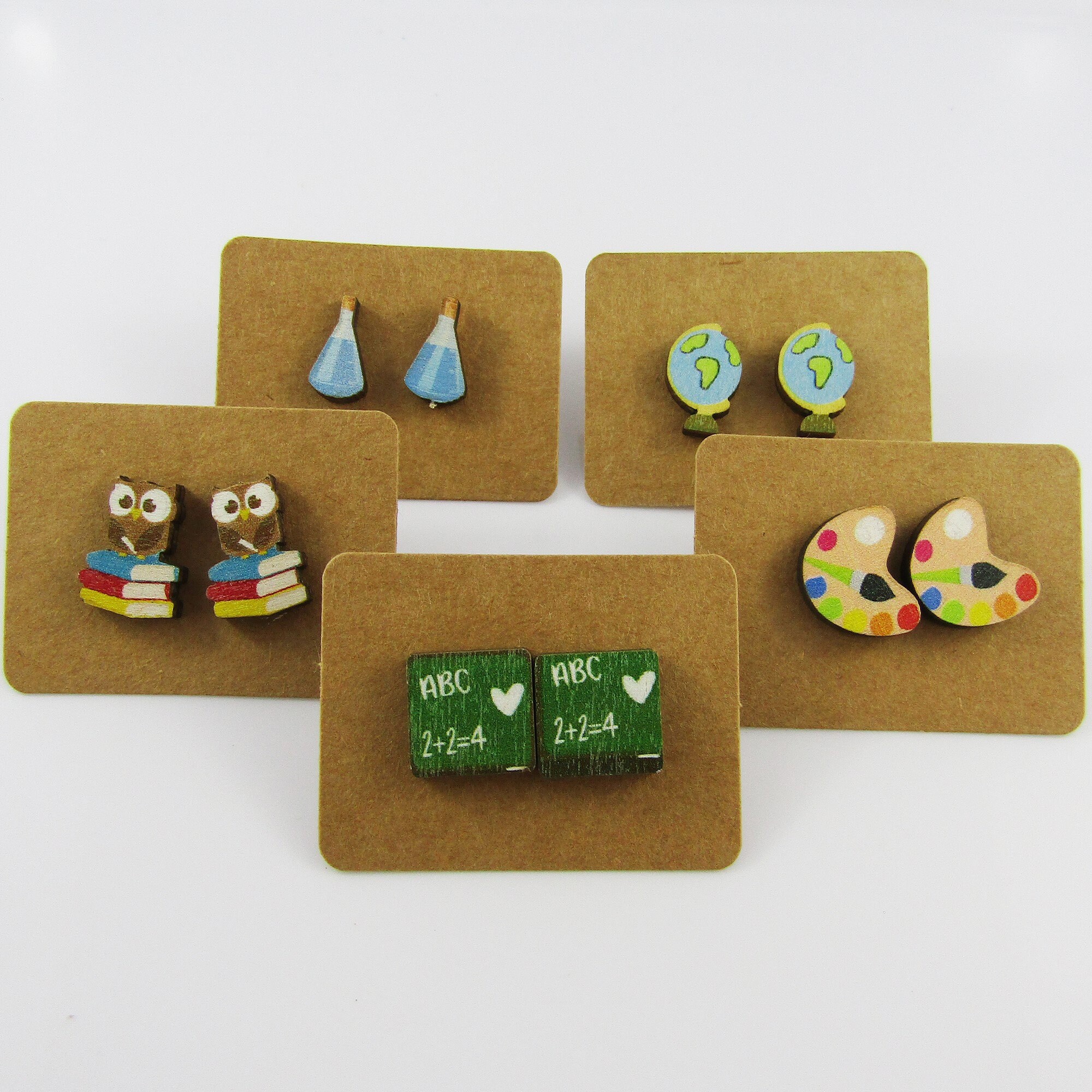 School Chem Flask Globe Owl Art Blackboard Wood Stud Earring Teacher Gift Set