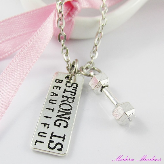 Unisex Strong is Beautiful Dumbbell Fitness Charm Pendant Necklace 45cm