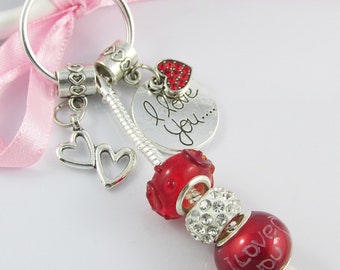 European Bead Valentine I Love You Linked Hearts Charm Keychain Keyring Bag Tag