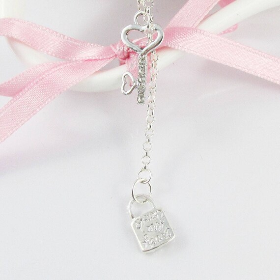 Rhinestone Key Open My Heart Lock Charm Pendant Lariat Y