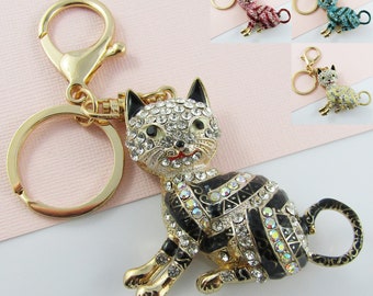 Enamel Rhinestone Cat Charm Bag Tag 110mm Select Colour