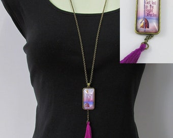 Glass Cabochon Lost Arrow Charm Sweater Necklace with Tassel Dangle 75cm