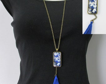 Glass Cabochon Blue Blossoms Charm Sweater Necklace with Tassel Dangle 75cm