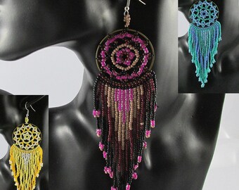 Boho Long Beaded Dreamcatcher Hook Earrings 140mm Blue Purple or Yellow