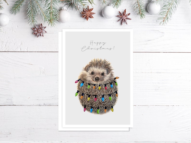 Christmas Hedgehog Lights Greeting Card, British wildlife Artist image 1