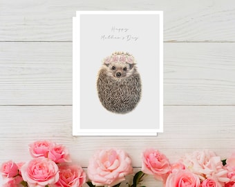 Hedgehog Flowers Mother's Day Greeting Card, British wildlife Artist