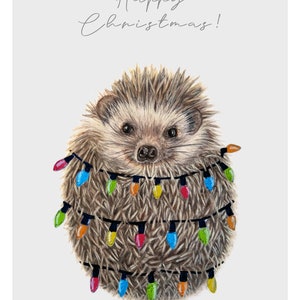 Christmas Hedgehog Lights Greeting Card, British wildlife Artist image 2