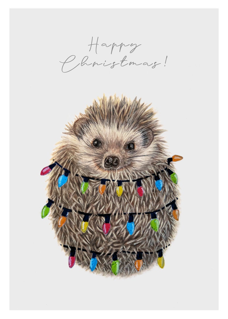 Christmas Hedgehog Lights Greeting Card, British wildlife Artist image 2