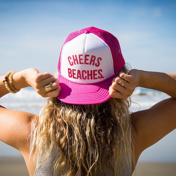 Cheers Beaches® Trucker Hat: Pink & White Glitter