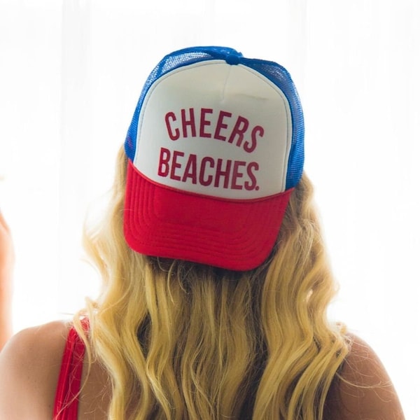 Cheers Beaches® Trucker Hat Red White & Blue Glitter Beach Hat Pool Party Girl Getaway America Foam Front Trucker Hat Beach Day Accessory