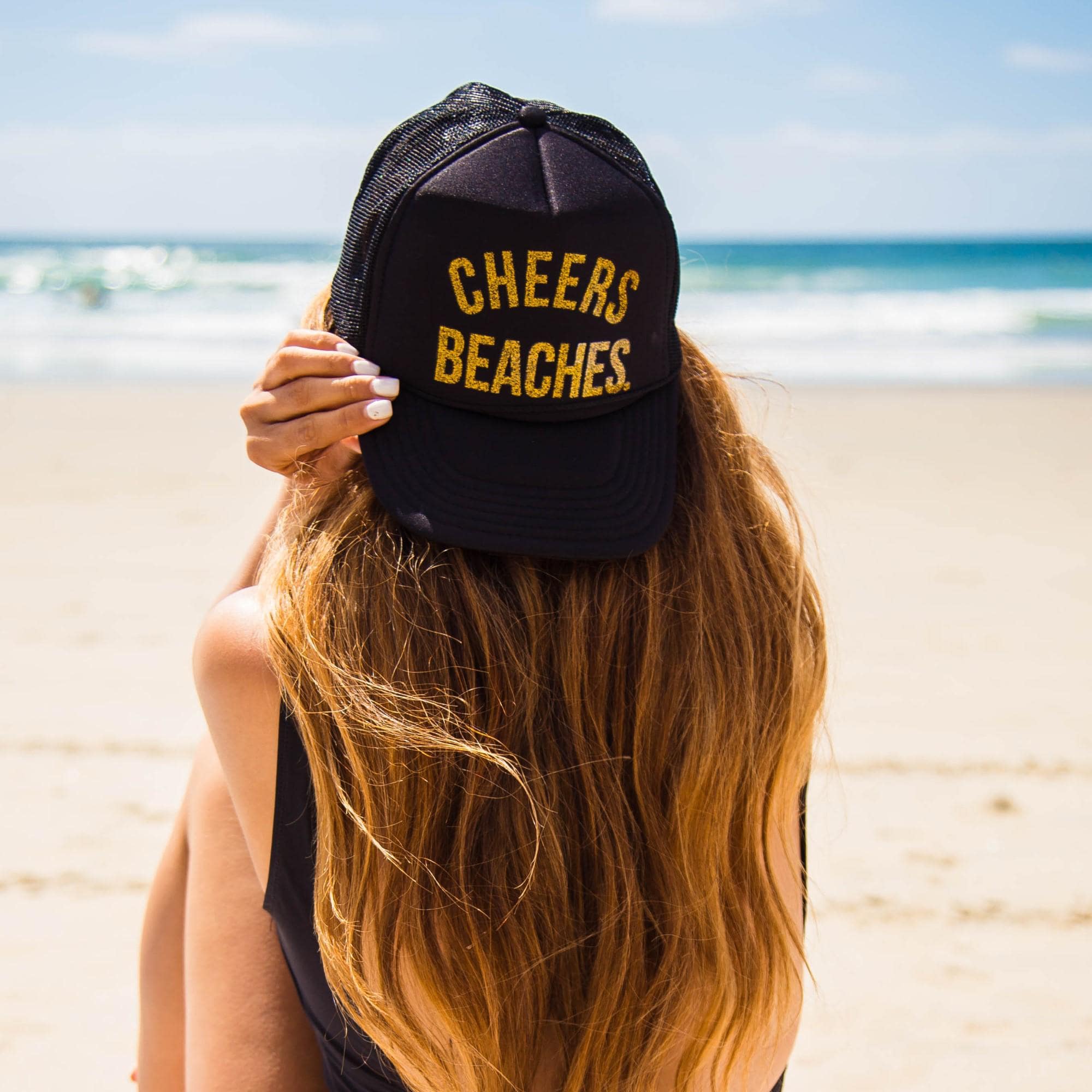 Cheers Beaches Trucker Hat; Black & Gold Glitter
