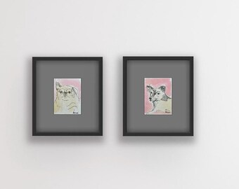 Pink Pups 3x4 Original Watercolor Pink Drawing Pug Boston Terrier Mixed Breed Nursery Art Office Dog Lover Gift hand Painted Sketch Mini Art