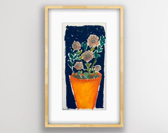 Chrysanthemums 6x12 Original Mixed Media Floral Oil Pastel Pencil Hand painted Original painting Blue Orange Mums Wall Art  kmoeri