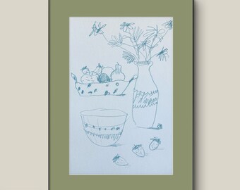 Obst und Blumen 12x18 Original Kunst Stillleben Blumen Zeichnung Illustration Blau skurril Küche Strichzeichnung Einfach One of a kind