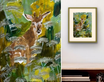 Hidden From Sight 9x12 Original artwork Hand painted Wildlife portrait Deer Plants Original painting Wall art Portrait Animal kmoeri