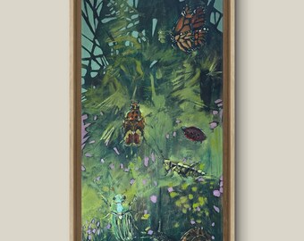 Bugs 15x30 Original Painting Original hand painted artwork Still life Breetles Butterflt Green Home decor kmoeri