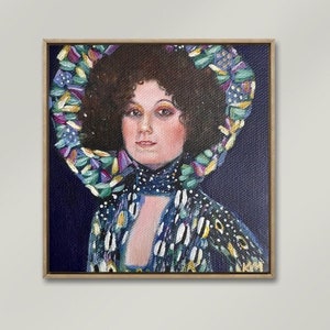 Emilie 5x5 Original Hand painted Portrait Gustav Klimt Small gift Canvas Tiny art Purple Blue Gold Woman Original art Acrylic image 3