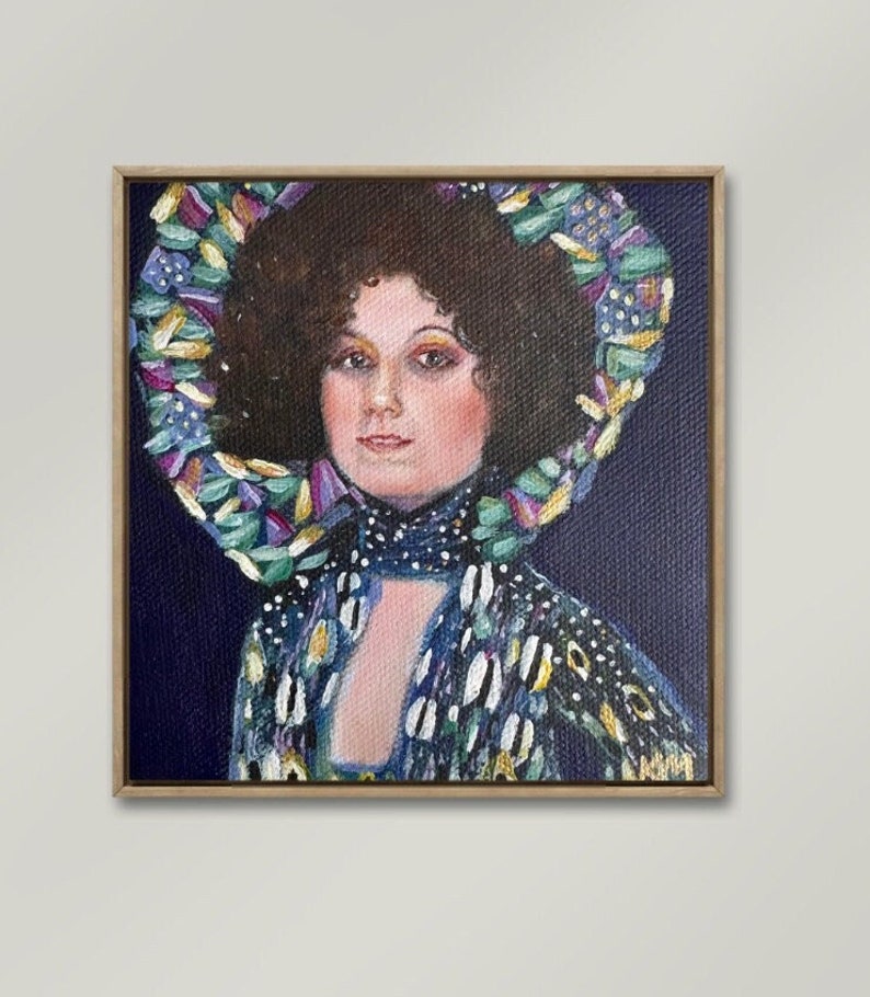 Emilie 5x5 Original Hand painted Portrait Gustav Klimt Small gift Canvas Tiny art Purple Blue Gold Woman Original art Acrylic image 3