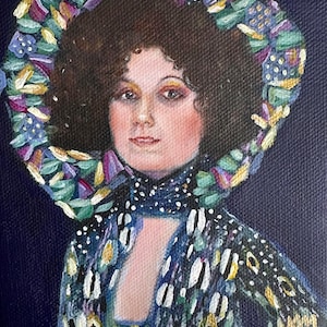 Emilie 5x5 Original Hand painted Portrait Gustav Klimt Small gift Canvas Tiny art Purple Blue Gold Woman Original art Acrylic image 2