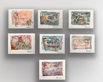 Friendly Farm Animals 3x4 Original Watercolor Hand painted Ink drawing Donkey Chicken Sheep Goat Rat Pig Horse Nursery Little art