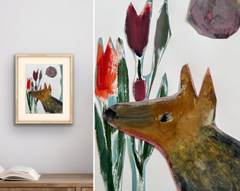 Fuchs-Collage, 9 x 12 geschnittene Papiercollage, Original-Tier-Tulpen, florales, skurriles rotes Wandkunst-Gemälde