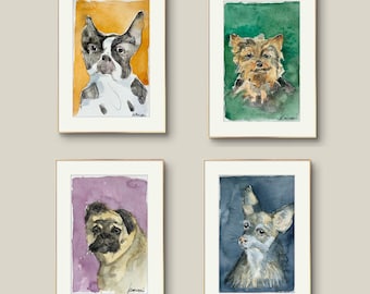 Dogs 4x6 Original watercolor Ink Drawing Nursery art Kids room Wall art Little gift Pet portrait Terrier Chihuahua Pug