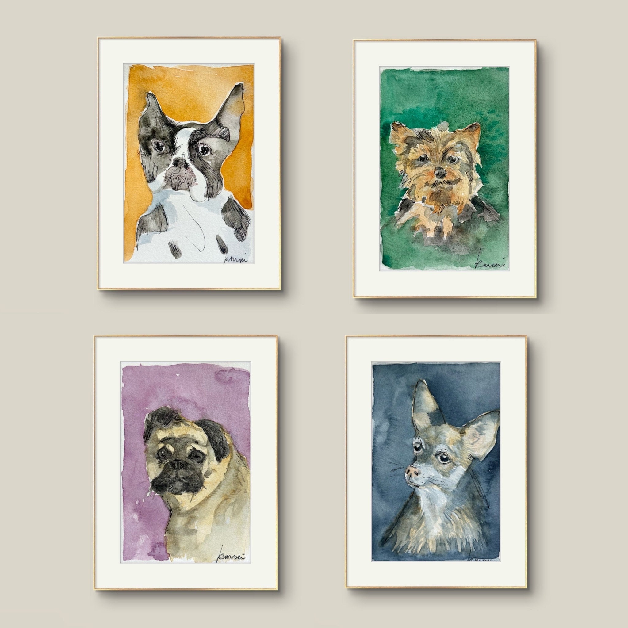 Dogs 4x6 Original watercolor Ink Drawing Nursery art Kids room Wall art Little gift Pet portrait Terrier Chihuahua Pug