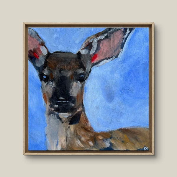 Fawn 12x12 Original Canvas painting Deer Wildlife WI Abstract Blue Animal Wall art Hand Painted kmoeri