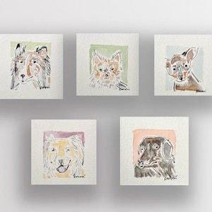 Perros 3x3 original Acuarela pintada a mano Dibujo a tinta Mini retrato de mascota Pequeño regalo Chihuahua Labrador Collie Terrier Regalo para amantes de los perros Pintura