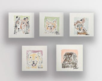 Dogs 3x3 original Watercolor hand painted Ink drawing Mini Pet Portrait Little Gift Chihuahua Lab Collie Terrier Dog lover gift Painting
